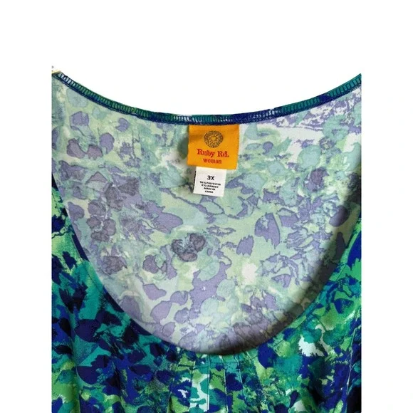 Ruby Rd. Shirt Womens 3X Green Blue Scoop Neck Pleated Short Sleeve Plus Size - Picture 2 of 6